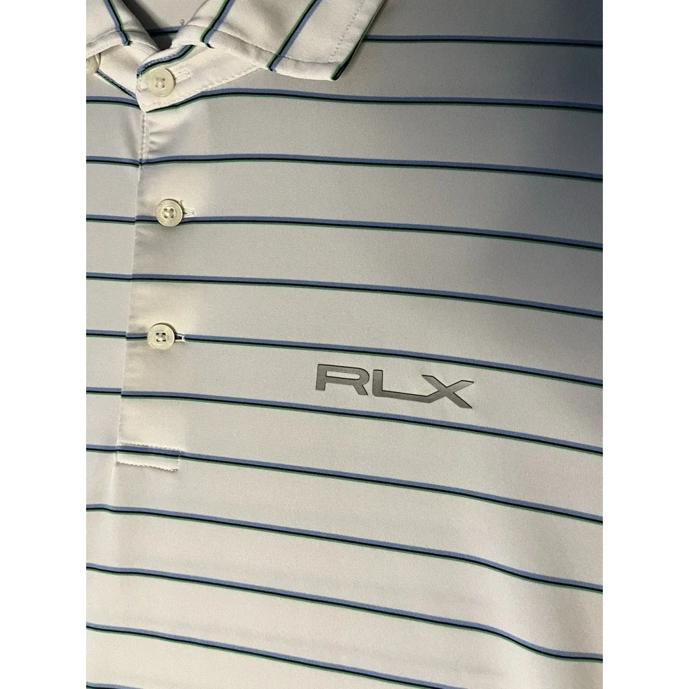 RLX Ralph Lauren Polo Shirt Men's Size XL White Green Stripes Short Sleeve Golf